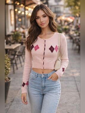 Rue21 Cropped Cardigan Sweater Argyle Pink Buttons Women's Small Feminine